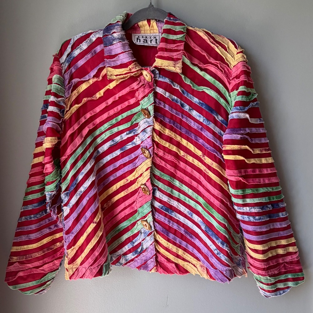 Vintage KEREN hart Jacket Blazer Rainbow Ribbons 100% Cotton‎ Wood Buttons Small